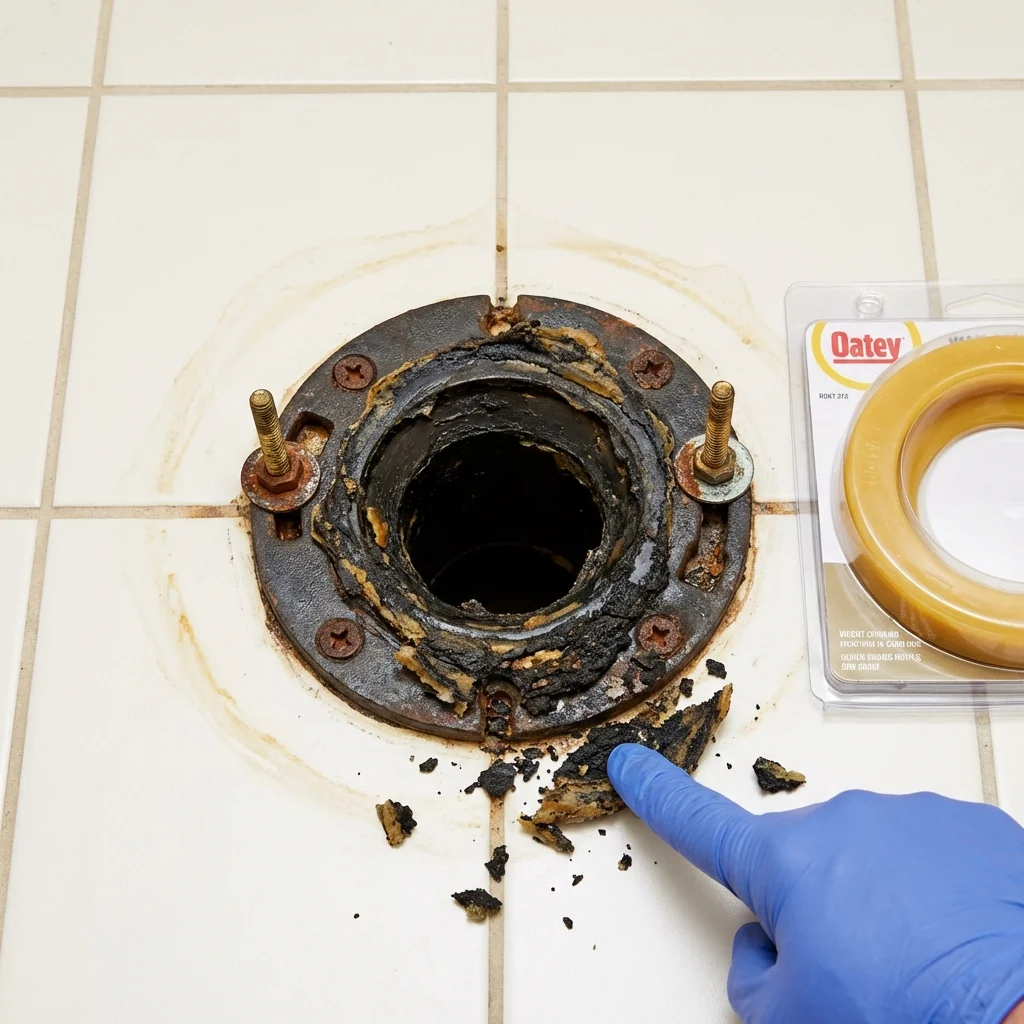 Failed wax ring showing water seepage at the base of a toilet in a Preston, GA home