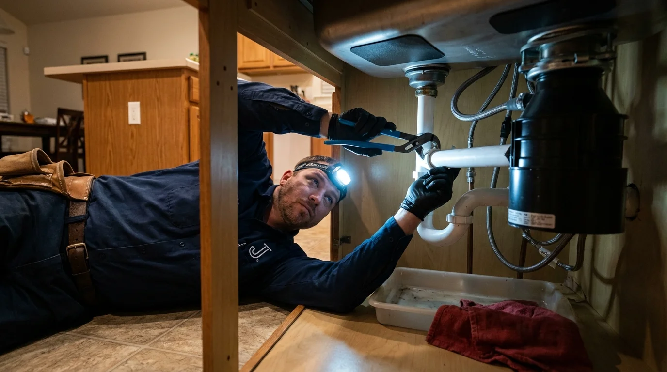 P-trap and supply line connections under a kitchen sink showing a common leak point in Preston, GA